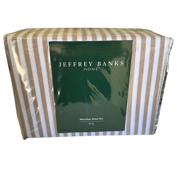 Jeffrey Banks Home King Beige Stripe Microfiber Fitted Flat Pillowcase Set New - Picture 1 of 6
